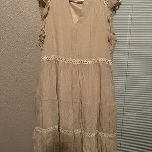 Beige Sleeveless Dress with Lace Trim